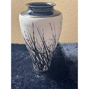 Pottery Ceramic Vase With Abstract Grass Design  Artist Signed Black And Cream